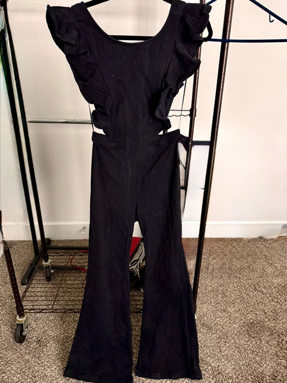 Flying Tomato Black Ruffle-Sleeve Cutout Jumpsuit
